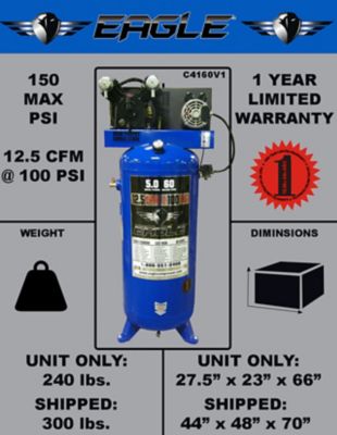 Image showing 5 th Eagle 5 hp 60 gal. Upright Stationary Air Compressor with Metal Belt Guard, 150 PSI