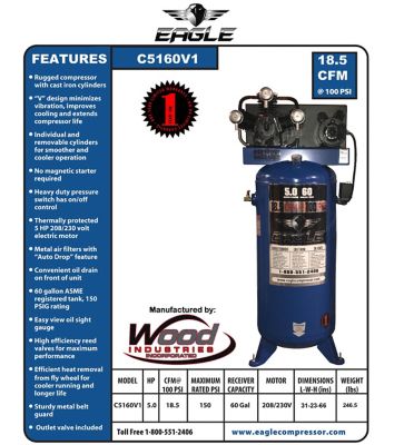 Image showing  5 HP 60 gal. Upright Stationary Air Compressor, 150 PSI