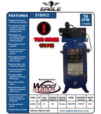 Image showing  5 HP 80 gal. 2-Stage Upright Stationary Air Compressor, 175 PSI