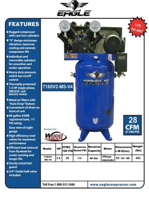 Image showing  7.5 HP 80 gal. 2 Stage Upright Stationary Air Compressor