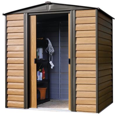 Arrow 6 ft. x 5 ft. Woodridge Steel Storage Shed, Coffee/Wood Grain
