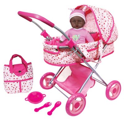 Lissi Deluxe Doll Pram Set with 13 in. African American Baby Doll, Includes Baby Doll, Doll Pram, Diaper Bag and Accessories