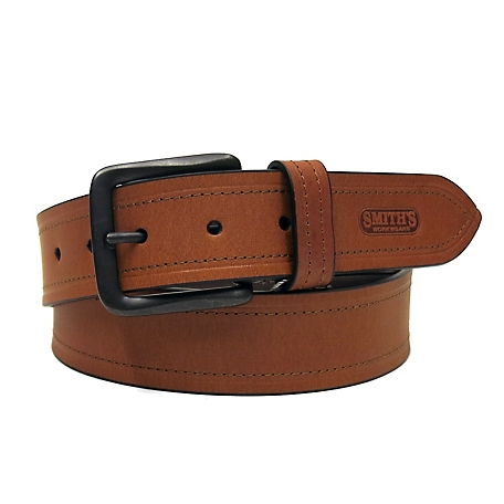 Smith's Workwear Men's Handcrafted in USA Full-Grain Stitched Leather Belt with Embossed Logo Tip