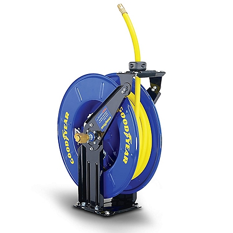 Goodyear Air Hose Reel Retractable 3/8 Inch x 65' Feet Premium Commercial  Flex Hybrid Polymer Hose Max 300 Psi Heavy Duty Spring Driven Polypropylene  Construction w/Lead-in Hose and PVC Handle 