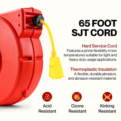 Image showing  65 ft. Indoor/Outdoor Retractable Extension Cord Reel with 3 Outlets