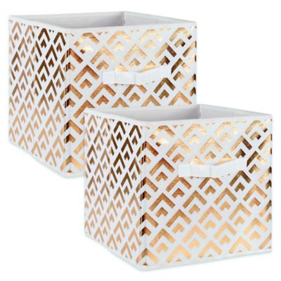 Design Imports Double Diamond Non-Woven Storage Bins, White/Gold, 11 in. x 11 in. x 11 in., 2-Pack