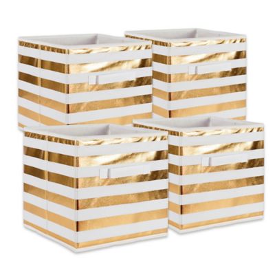 DII Non-Woven Striped Poly Cube Storage Bin, 11 in. x 11 in. x 11 in., White/Gold