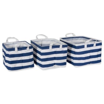 Design Imports Stripe and Lattice Assorted Set of Laundry Bins, Blue, Small