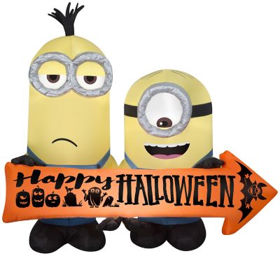 Gemmy Airblown Universal Minions with Halloween Sign Decor, 48.43 in. x 29.53 in. x 59.84 in., Medium Scene