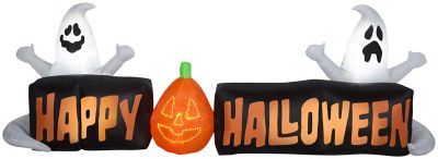 Gemmy Airblown LightShow Micro Lights Happy Halloween Sign with Ghosts and Jack-O-Lantern, Large Scene, White