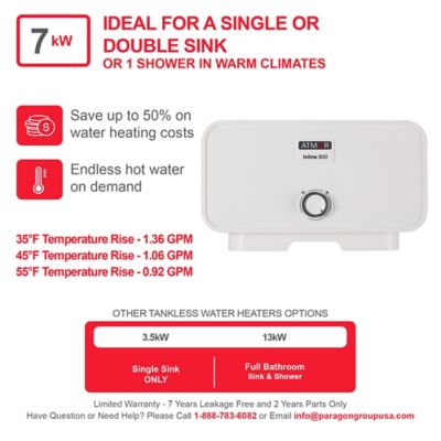 Image showing  7kW/240V 1.6 GPM Electric Tankless Water Heater, Up to 2 Sinks Nationwide or 1 Shower in Warm Climates