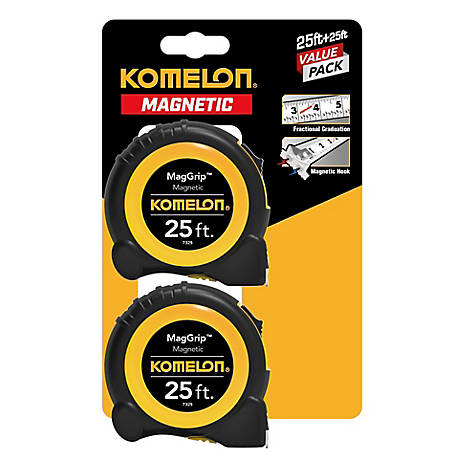 Komelon MagGrip 25 ft Tape Measure with Magnetic End Hook Twin Pack 2 