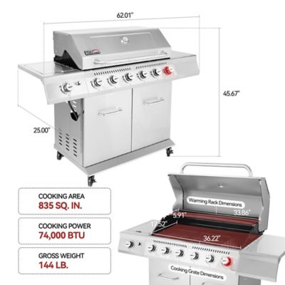 Image showing  6-Burner Propane Gas Grill with Cabinet, Silver, With Sear and Side Burner
