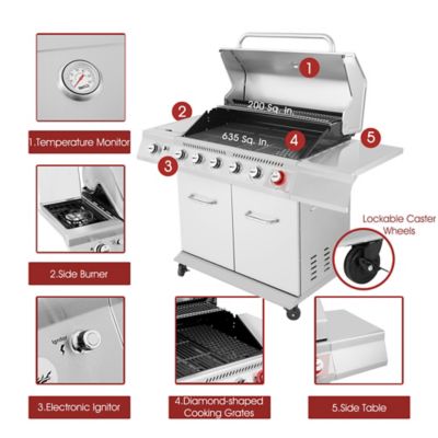 Image showing  6-Burner Propane Gas Grill with Cabinet, Silver, With Sear and Side Burner