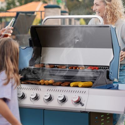 Image showing  6-Burner Propane Gas Grill with Cabinet, Blue, With Sear and Side Burner