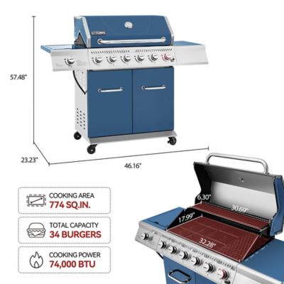 Image showing 8 th Royal Gourmet 6-Burner Propane Gas Grill with Cabinet, Blue, With Sear and Side Burner