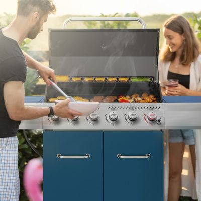 Image showing 9 th Royal Gourmet 6-Burner Propane Gas Grill with Cabinet, Blue, With Sear and Side Burner