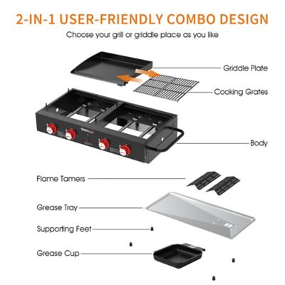 Image showing  4-Burner Propane Gas Portable Grill Griddle Combo, Side Handles for Outdoor Cooking, 40,000 BTU, Black