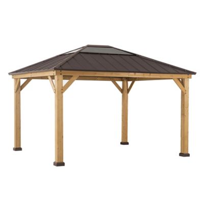 Sunjoy Imani Outdoor Patio 11 ft. x 13 ft. Cedar Framed Gazebo with Brown Steel and Polycarbonate Hip Roof Hardtop