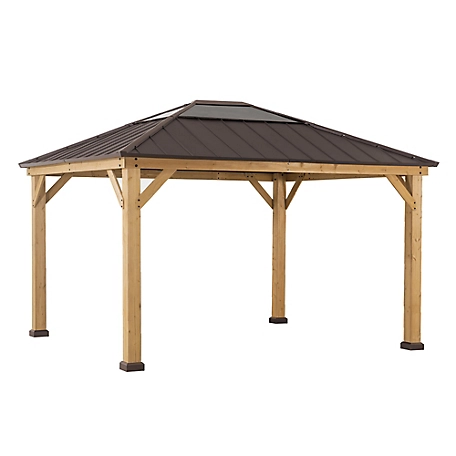 Sunjoy Imani Outdoor Patio 11 ft. x 13 ft. Cedar Framed Gazebo with Brown Steel and Polycarbonate Hip Roof Hardtop