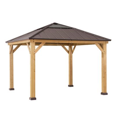 Sunjoy Aleah Outdoor Patio 11 ft. x 11 ft. Cedar Framed Gazebo with Brown Steel and Polycarbonate Hip Roof Hardtop