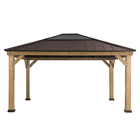 Sunjoy Macie Outdoor Patio 13 ft. x 15 ft. Cedar Framed Gazebo with Brown Steel and Polycarbonate Hip Roof Hardtop