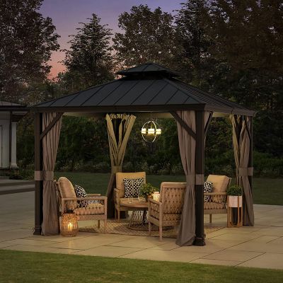 Image showing 9 th SummerCove 10 x 10 ft. Hardtop Gazebo, Aluminum Frame, 2-Tier Steel Patio Backyard Gazebo with Netting, Curtain & Celling Hook