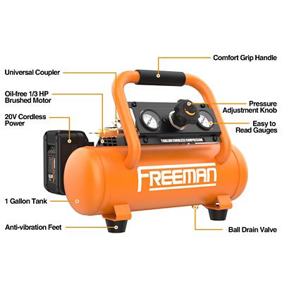 Image showing 5 th Freeman 20 V Cordless 1 Gallon 1/3 HP Portable Air Compressor Kit with 4Ah Lithium-Ion Battery and Charger, 700 Shots per Charge