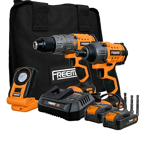 Freeman Cordless 20V Hammer Drill, Impact Driver and LED Light Kit with Batteries, Charger and Bag