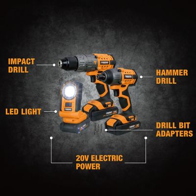 Image showing 7 th Freeman Cordless 20V Hammer Drill/Impact Driver and LED Light Kit with Batteries, Charger and Bag