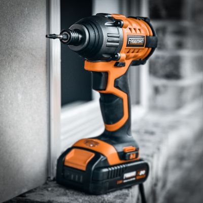 Image showing 9 th Freeman Cordless 20V Hammer Drill/Impact Driver and LED Light Kit with Batteries, Charger and Bag