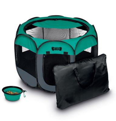 Ruff 'N Ruffus Indoor/Outdoor Portable Foldable Pet Play Pen with Carrying Case and Collapsible Travel Bowl Set, 29 in.