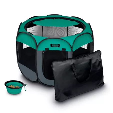 Ruff 'N Ruffus Foldable Portable Pet Playpen Indoor/Outdoor with Carrying Case and Collapsible Travel Bowl Set 29 in. Pet Exercise Pens