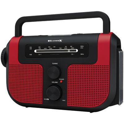 WeatherX AM/FM/NOAA Weather Crank Radio It has alot of useful features like it can charge your cell phone, runs on regular battery or internal battery ,has a crank ,a solar panel a lantern, flashlight, thermometer and siren not that ill use that but its loud