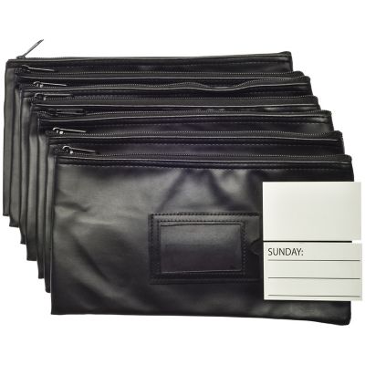 Image showing  Vinyl 7-Day Pack of Zippered Bank Deposit Cash and Coin Bags with Card Window, Black