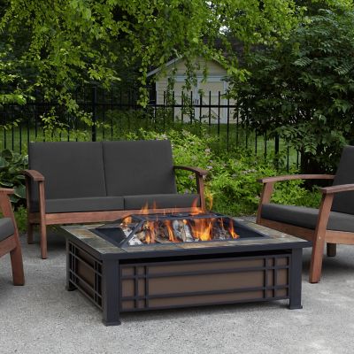 Real Flame Hamilton Rectangle Wood-Burning Fire Pit with Natural Slate Tile Top, Black/Brown