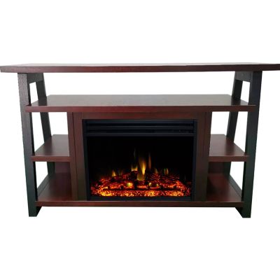 Cambridge Sawyer 53-In. Fireplace TV Stand with Shelves in Mahogany/Black and Electric Heater Insert with Deep Logs