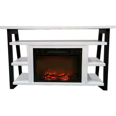 Cambridge Sawyer 53-In. Fireplace TV Stand with Shelves in White/Black and Electric Heater Insert with Charred Logs
