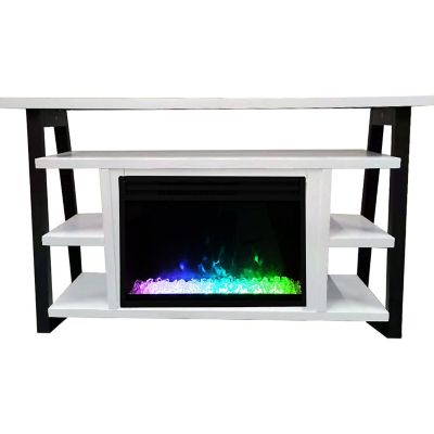Cambridge Sawyer 53-In. Fireplace TV Stand with Shelves in White/Black and Electric Heater Insert with Crystals and Flame