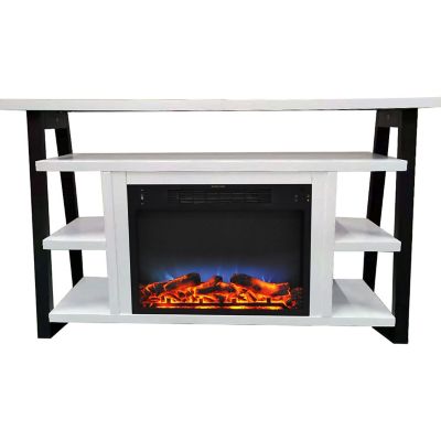 Cambridge Sawyer 53-In. Fireplace TV Stand with Shelves in White/Black and LED Electric Heater Insert with Logs and Flame