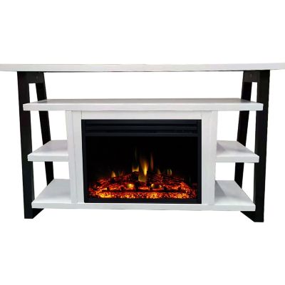 Cambridge Sawyer 53-In. Fireplace TV Stand with Shelves in White/Black and Electric Heater Insert with Deep Logs -  CAM5332-1WHTLG3
