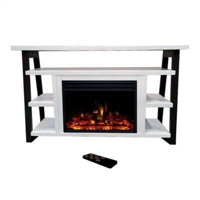 Cambridge Sawyer 53-In. Fireplace TV Stand with Shelves in White/Black and Electric Heater Insert with Deep Logs -  CAM5332-1WHTLG3