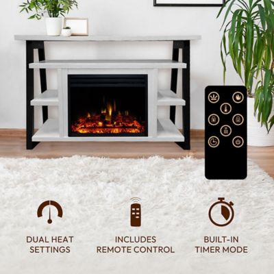 Image showing  53 in. Electric Sawyer Fireplace TV Stand with Shelves, White/Black, Electric Heater Insert with Deep Logs, 5,115 BTU