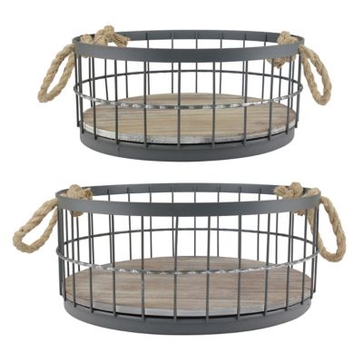 Stonebriar Collection Round Stackable Metal Wire and Wood Basket Set with Rope Handles, 2 pc.