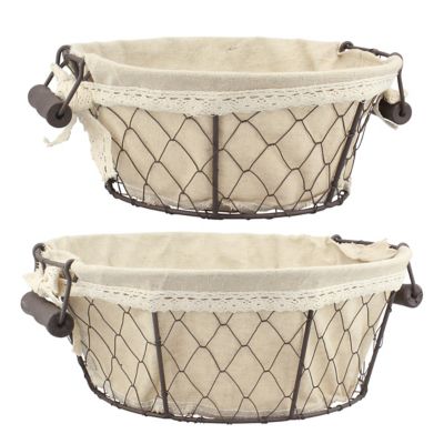 Stonebriar Collection Round Metal Serving Basket Set with Fabric Lining and Wooden Handles, 2 pc.