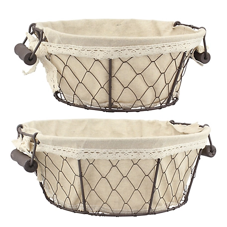 Stonebriar Collection Round Metal Serving Basket Set with Fabric Lining and Wooden Handles, 2 pc.