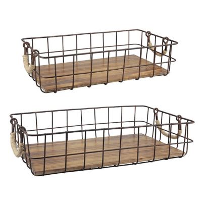 Stonebriar Collection Rectangular Metal Wire and Wood Stackable Basket Set, 2 pc.