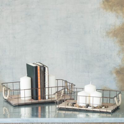 Image showing  Rectangular Metal Wire and Wood Stackable Basket Set, Assorted, 2 pc.