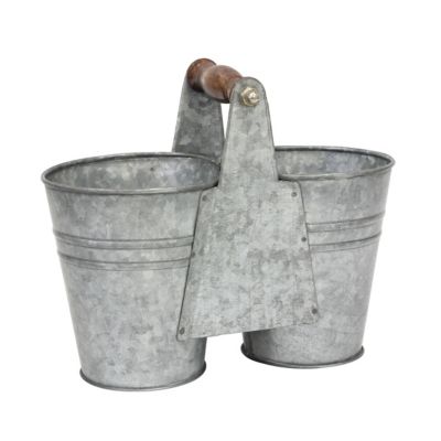 Stonebriar Collection Antique Galvanized Metal Double Bucket with Wooden Handle