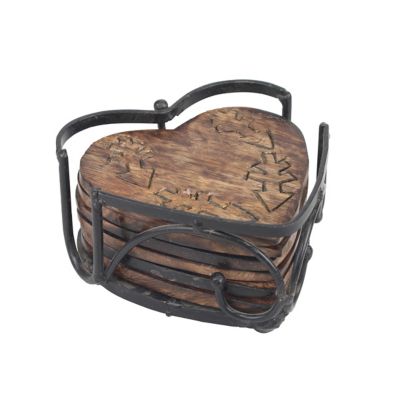 Stonebriar Collection Rustic Wooden Heart Shape Coaster Set with Metal Holder